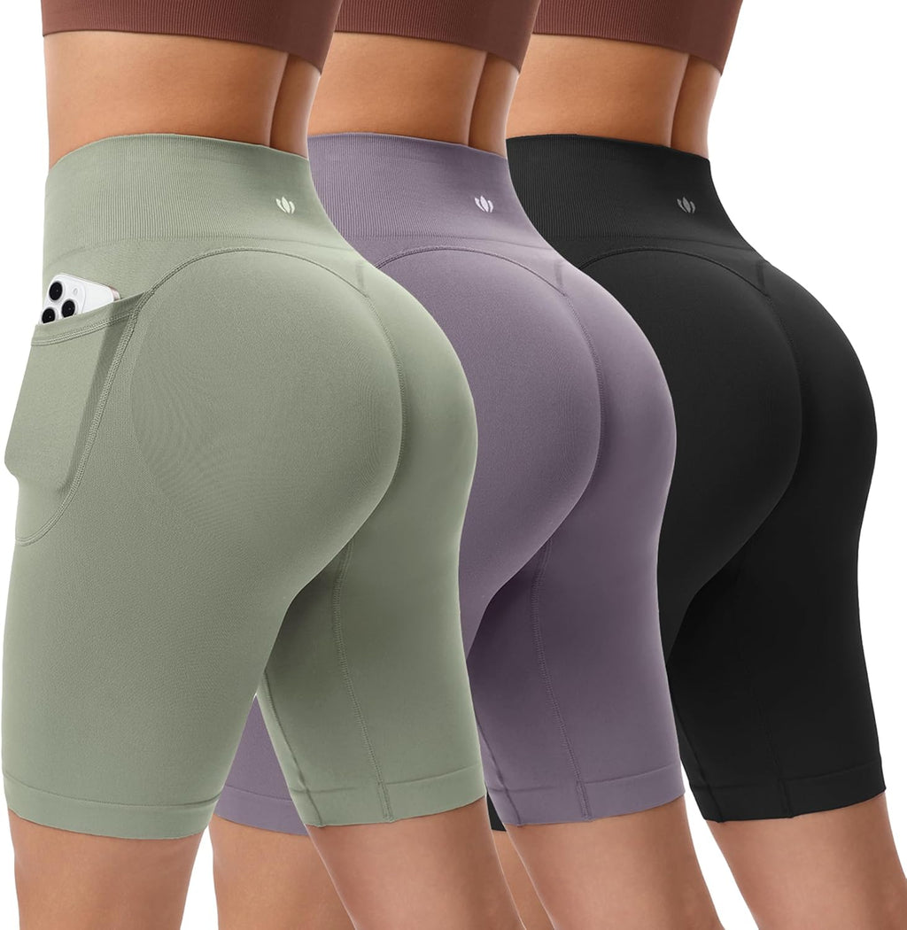 BLUELILY Women's Biker Shorts - 3 Pack High Waisted Tummy Control with Pockets | Seamless Workout Shorts