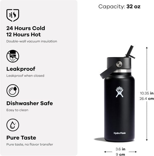 Hydro Flask Water Bottle - Insulated Stainless Steel with Wide Straw Lid | 40 Oz Ivory, Leakproof