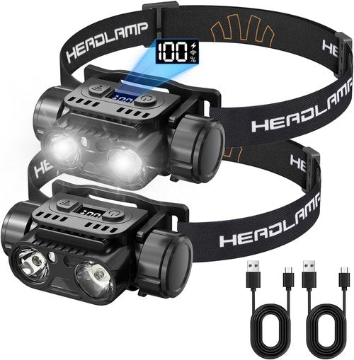 KINGBRO LED Headlamp - Rechargeable High Lumens Waterproof Sensor Light | 2-Pack for Camping & Hiking
