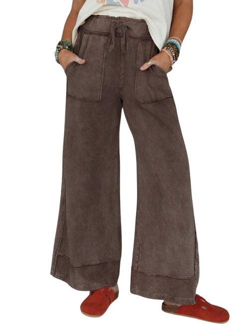 Athlisan Womens Casual Wide Leg Sweatpants Acid Wash Elastic Waisted Palazzo Pants Trousers with Pockets(Coffee-L)