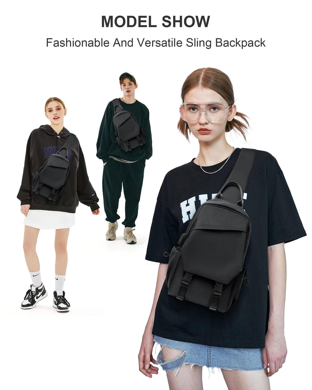 SEAFEW Black Sling Bag for Men Women, Mini Anti Theft One Strap Motorcycle Sling Backpack, Small Sling Chest Bag Daypack Crossbody Backpack for Casual Travel Hiking Gym Outdoor Sports