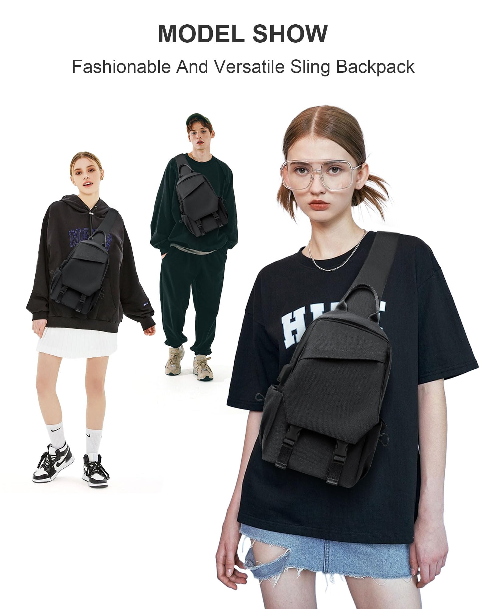 SEAFEW Black Sling Bag for Men Women, Mini Anti Theft One Strap Motorcycle Sling Backpack, Small Sling Chest Bag Daypack Crossbody Backpack for Casual Travel Hiking Gym Outdoor Sports