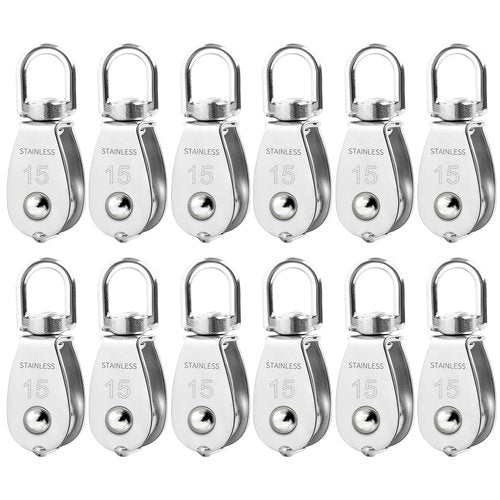 Mixiflor 12 Pack M15 Pulleys for Rope, 304 Stainless Steel Wire Rope Cable Pulley, Heavy Duty Swivel Pulley Wheel Hanging Wire Towing Wheel for Lifting