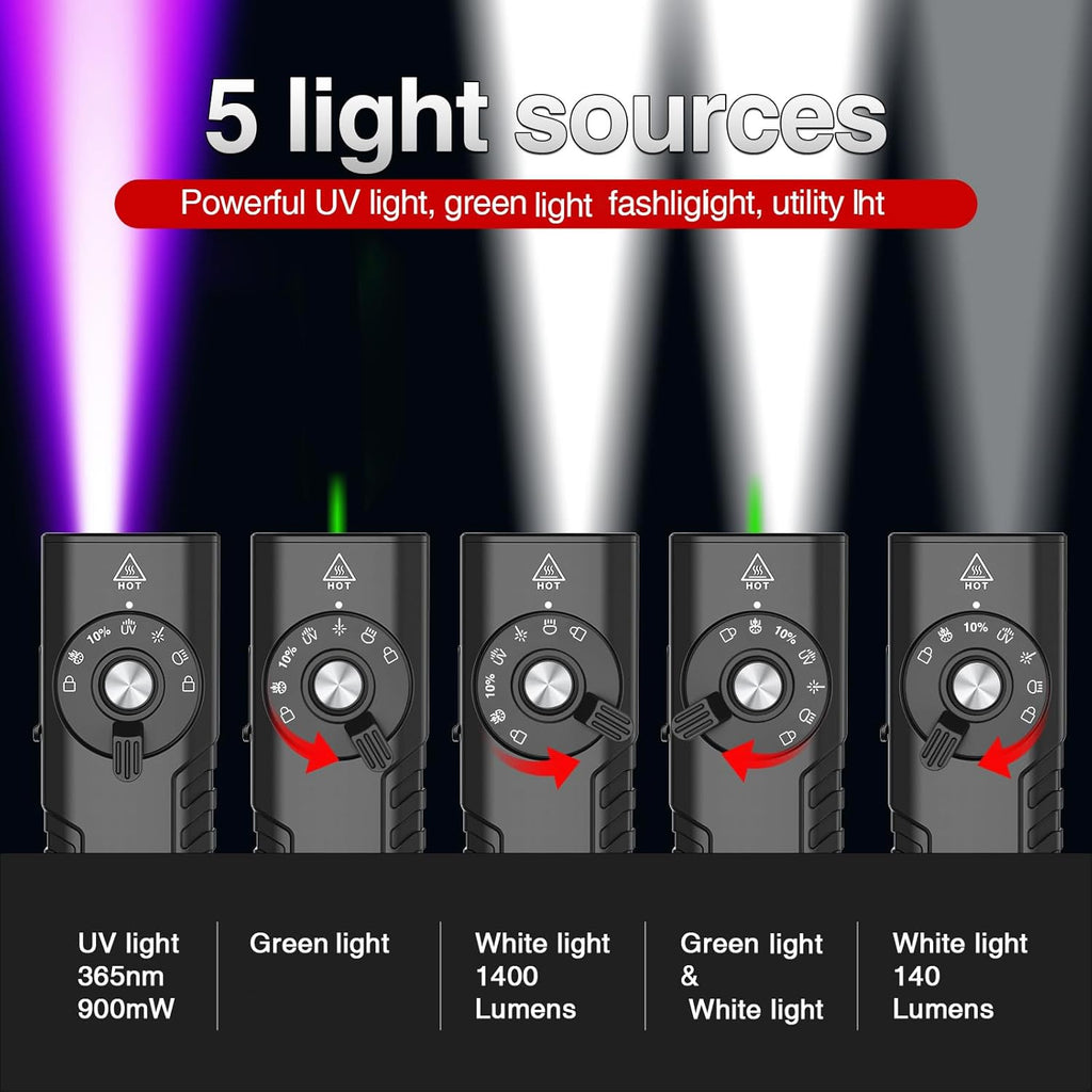 Solofish 1400-Lumen EDC Flashlight - 5-in-1 Portable LED with UV, Green Light & Strobe Function