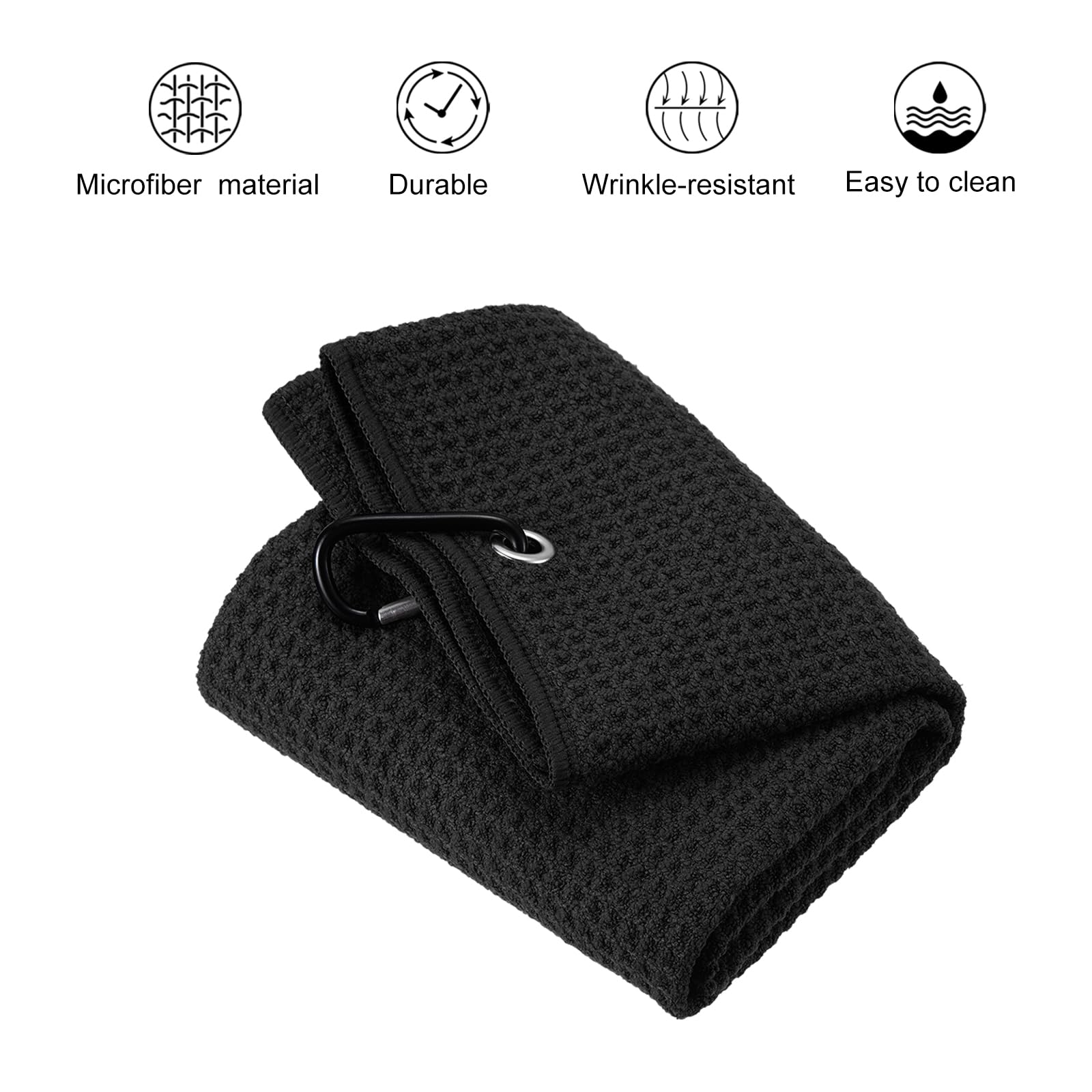 PATIKIL 12"x12" Tri-Fold Golf Towels, 2 Pack Waffle Pattern Towels Soft Fiber Strong Water Absorption with D Clip for Golf Lovers, Black