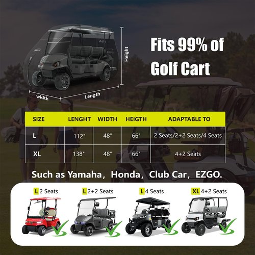 YSPACE Heavy Duty 600D Golf Cart Cover for 2+2 Passengers, Fits EZGO, Club Car, Yamaha, Waterproof, Reflective Strips, Triple Windproof Buckles