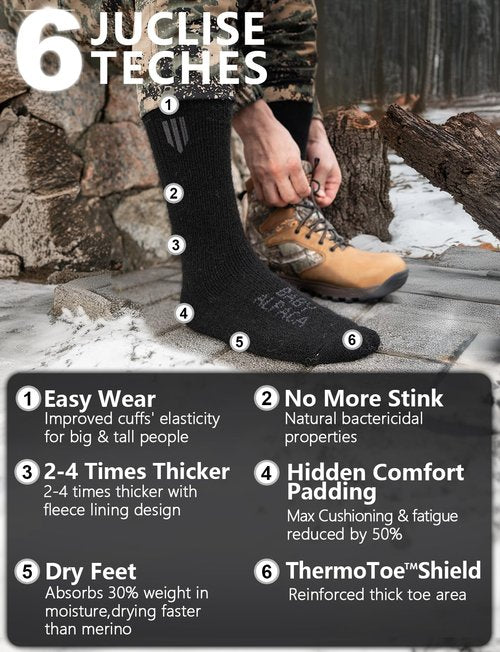 Juclise Alpaca Wool Heavyweight Thermal Boot Socks Hunting Hiking Working Thick Cold Weather Cushioned (Large Carbon Black)