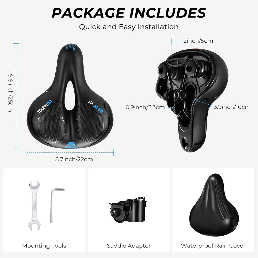 YOUNGDO Comfortable Wide Bike Seat - Breathable Gel Saddle for MTB, Road, and Spinning Bikes