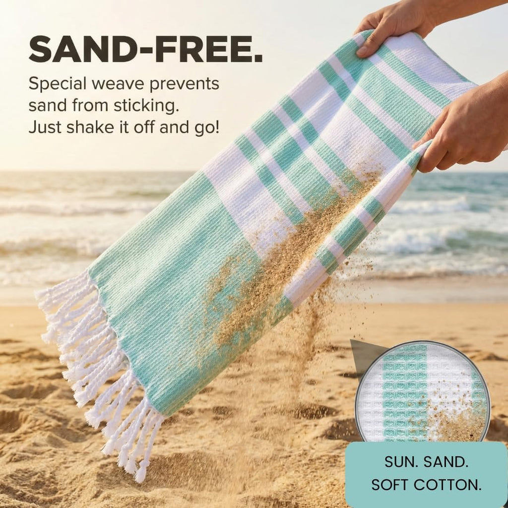 Turkish Beach Towels Set of 4 - Oversized 40x70 Inch Cotton Quick-Dry Towels | Sand-Free Aqua Blue