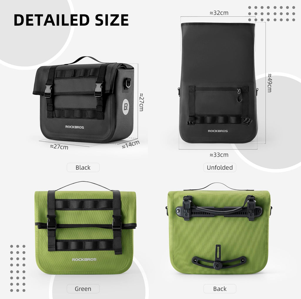ROCKBROS Bike Panniers 15L Capacity Waterproof Bike Rack Bag Bicycle Panniers for Cycling Commuting Bikepacking Green