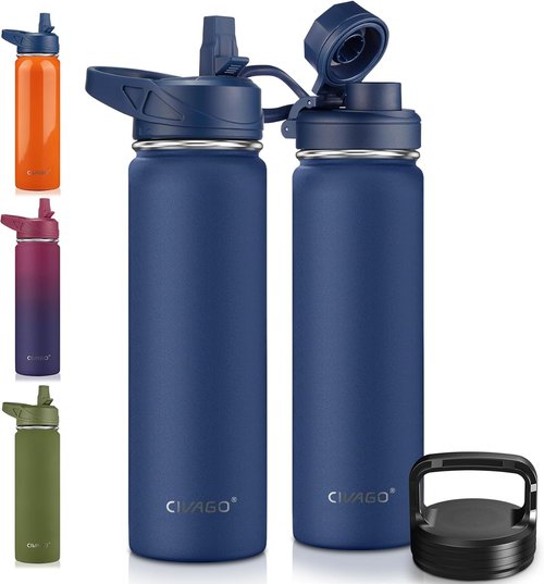 CIVAGO Insulated Water Bottle - 22 oz Stainless Steel Flask with Straw & 3 Lids | Navy Blue