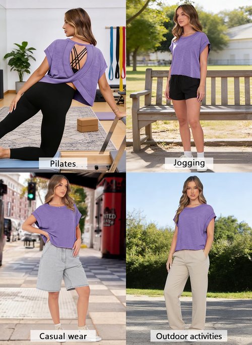 MIHOLL Open Back Tops for Women Short Sleeve Backless Y2K Cute Tees Workout Gym Trendy Summer T Shirts (Purple, Small)