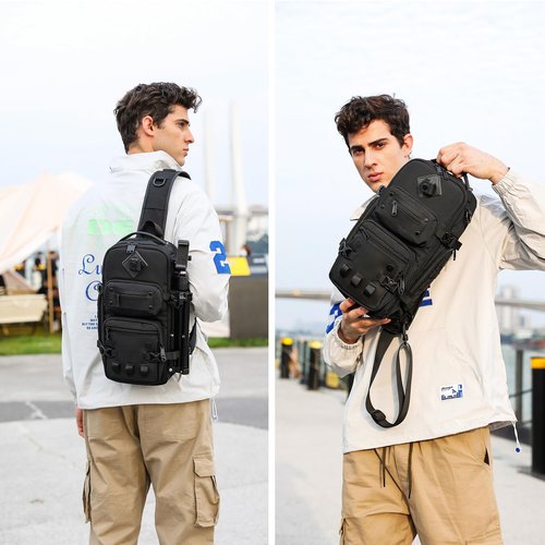 OZUKO Multipurpose Sling Bag for Men, Large Capacity Crossbody Shoulder Bag Waterproof Sling Chest Backpack with Tripod Holder Fit for Outdoor Travel Photography (Black)