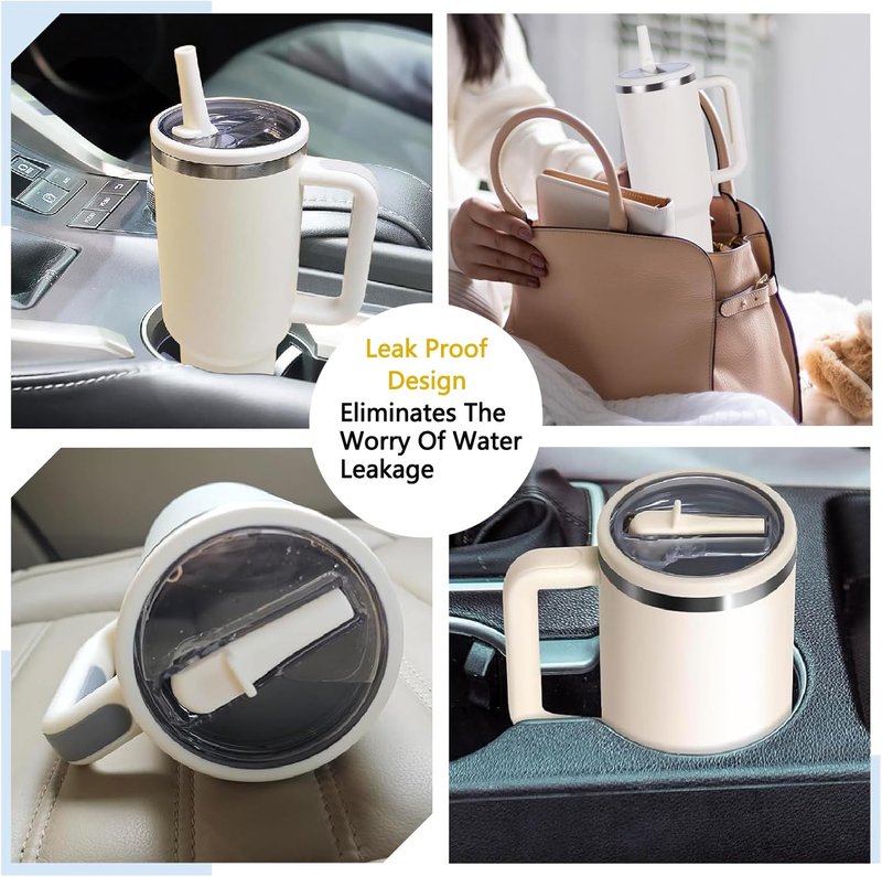 Aooiiysd 2 Pack Stanley Flip Straw Lid, with Leak Proof, Stanley Cup Accessories, Stanley Lids Replacement for Stanley Quencher H2.0 40 oz Tumbler (Only), BPA Free (Beige and Black Set)