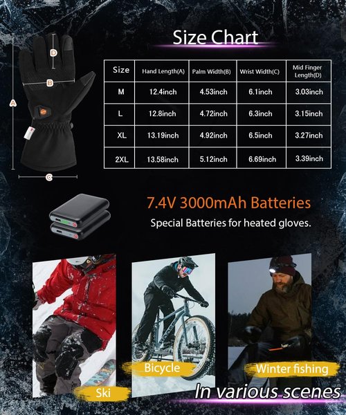 Heated Gloves with 3 Heat Settings for Men Women, 7.4V Rechargeable Battery, Electric Touchscreen Hand Warming Gloves Winter Outdoor Work Hunting Motorcycle Cycling (Black, XL)