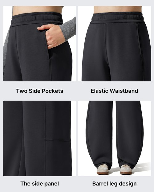 G4Free Fleece Sweatpants Women Barrel Wide Leg Pants Elastic Waist Stretch Winter Thermal Track Pants Travel Casual Lounge Trousers(Black,M,Petite)