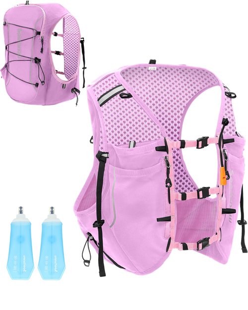 sportsnew Hydration Running Vest for Women, Ladies Hydration Backpack with Waterproof Phone Pocket for Trail Running Cycling Hiking Marathon (Pink with 2 x 500ML Soft Flask, S/M: Chest 28''-34'')