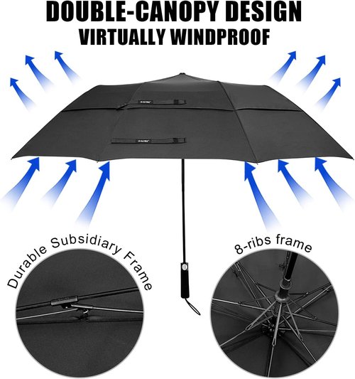 G4Free 62-Inch Portable Golf Umbrella - Large Windproof & Waterproof Double Canopy | Black