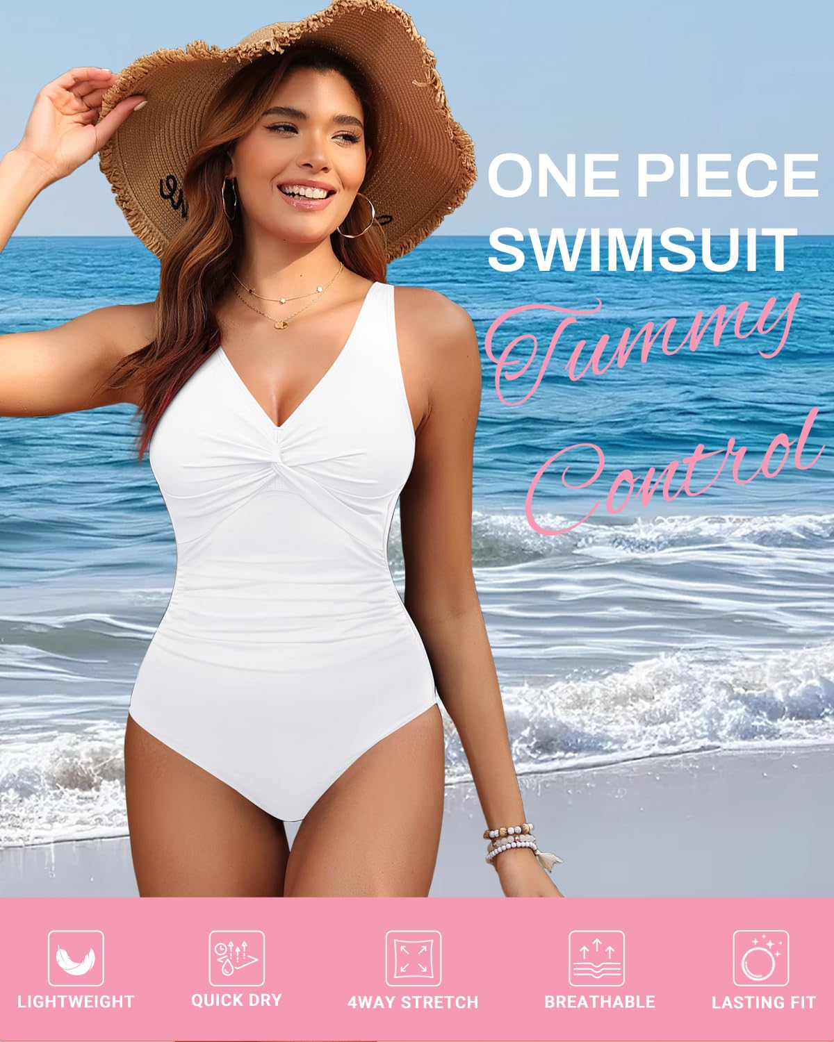 Holipick White Women Tummy Control One Piece Swimsuit - Push Up Bathing Suit Full Coverage Slimming Swimwear XS