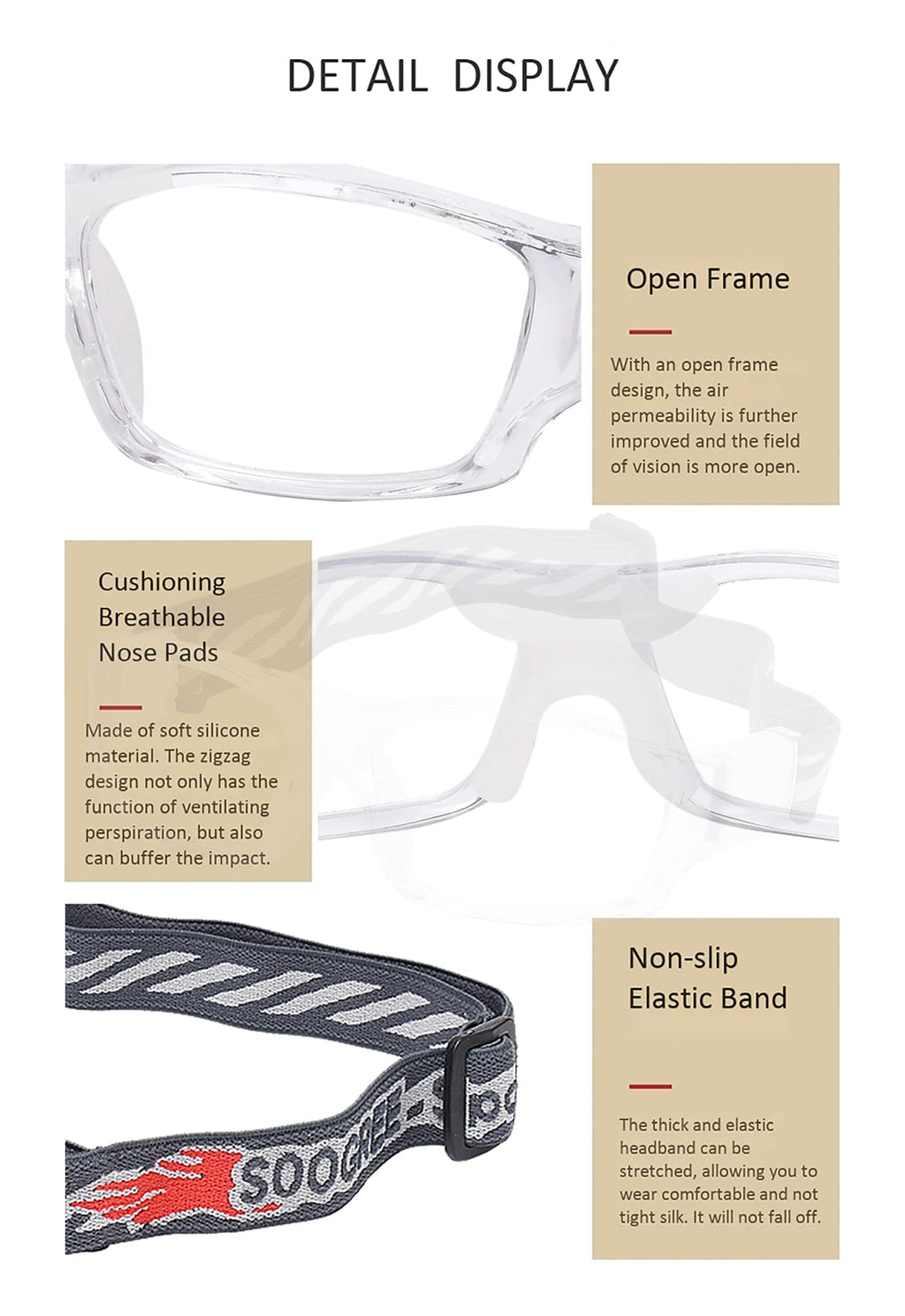 SooGree Sport Glasses Goggles Basketball Soccer Sports Protective Eyewear Goggles Safety Glasses-Replaceable Prescription Lens (8031 Transparent Frame White Pad)