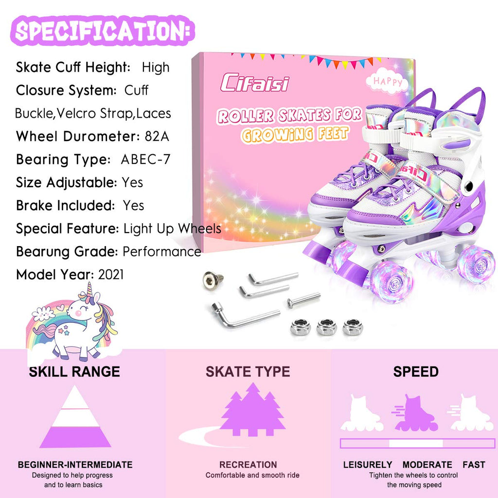Roller Skates for Girls Boys Kids, Black Pink 4 Sizes Adjustable Kids Roller Skates with Light up Wheels and Shining Upper Design, for Ages 4-13