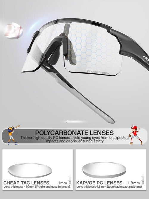KAPVOE Youth Photochromic Sports Sunglasses Boys Girls Baseball Softball Running Cycling Glasses for Kids Age 6-12 K9035