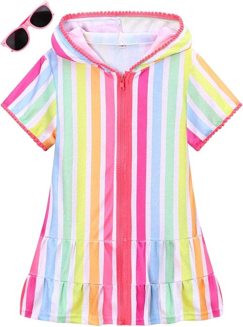 LUCKYGAL Girls Swim Cover Up Kids Swimsuit Coverup Terry Zip-Up Beach Bathing Suit Wraps with Sunglasses