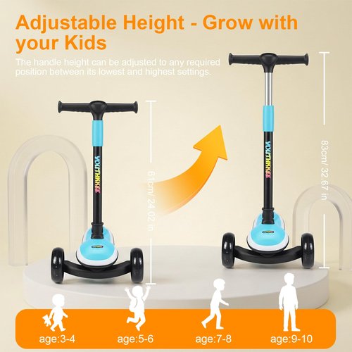 Youthkkee Kids Kick Scooter with LED Light-Up Wheels & Deck, 3-Wheel Folding Scooter for Ages 3-10, Adjustable Height, Extra Wide Anti-Slip Deck for Boys Girls