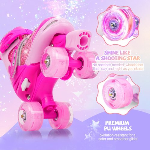 HolaDream Sequins Adjustable Kids Roller Skates with Light Up Wheels & Safety Protection for Beginners, Toddler Roller Skates Girls Ages 5-8, 8-12 for Indoor Outdoor Sports