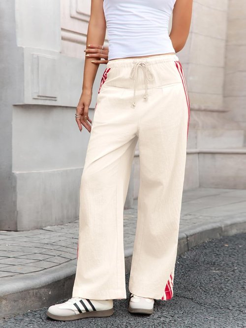 Fisoew Wide Leg Pants - High Waisted Striped Palazzo Track Pants with Pockets for Women