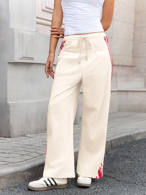 Fisoew Womens Wide Leg Pants Drawstring High Waisted Striped Baggy Palazzo Track Pants with Pockets Red