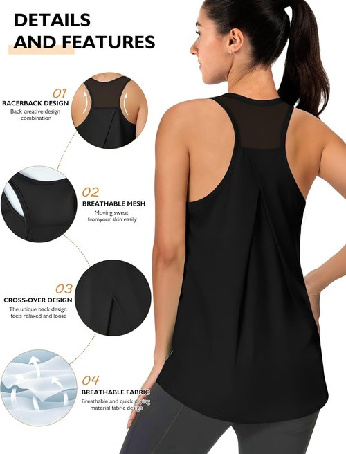AURUZA Women's Athletic Tank Tops - Racerback Mesh Yoga Shirts for Gym | Black, Small