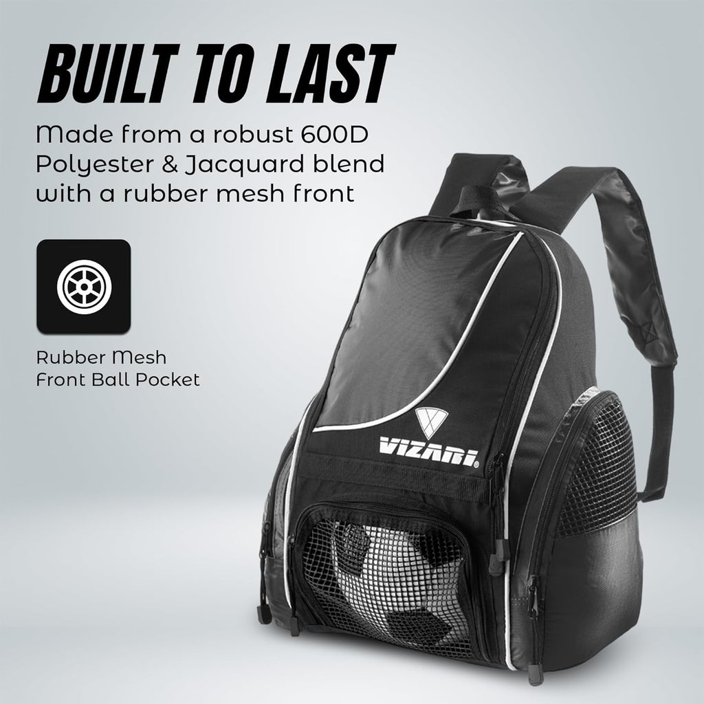 Vizari Solano Soccer Backpack - Ball Compartment, Vented Pocket & Mesh Cargo Pockets | Ideal for Adults & Teens