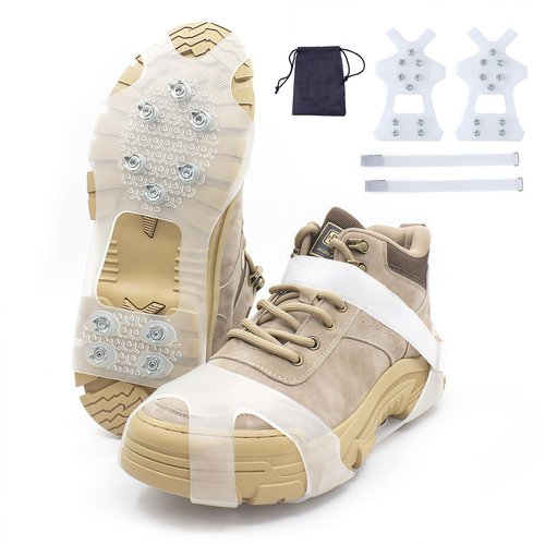 White Translucent Ice Cleats with 10 Steel Spikes,Crampons for Shoes and Boots,Anti Slip Crampons for Hiking,Snow & Ice Walking,Climbing,Jogging,Ice Fishing (Large)