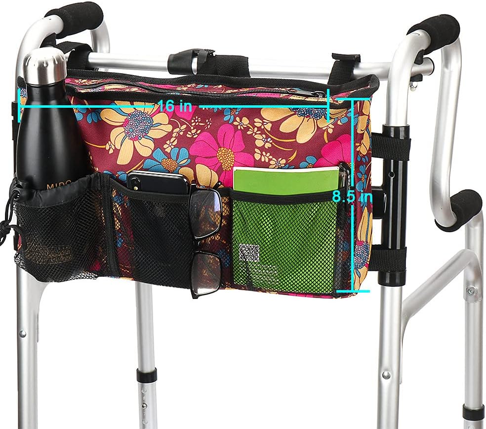 Walker Bag - Water-Resistant Pouch with 6 Pockets for Rollators & Wheelchairs | Floral Design