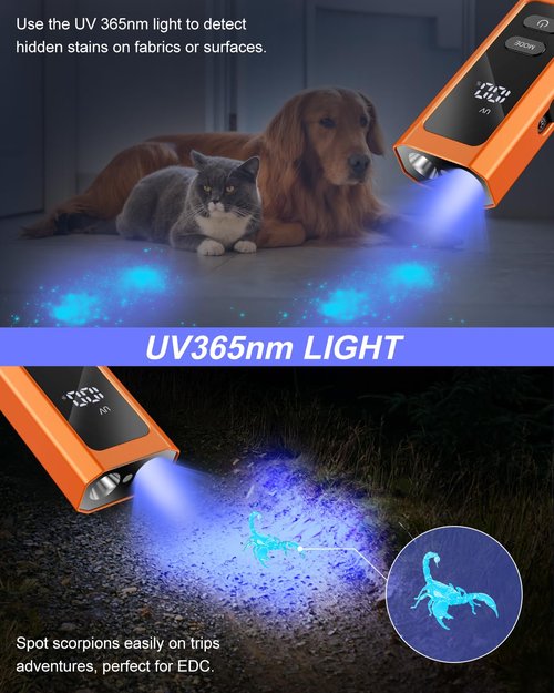 DOKNAAM Rechargeable Flashlight with Green Beam, UV and White LED Combo, 800 Lumen EDC Flat Magnetic Flashlight, 4 Sources for Outdoors Emergency Working, Aluminium, with Storage Case, Orange