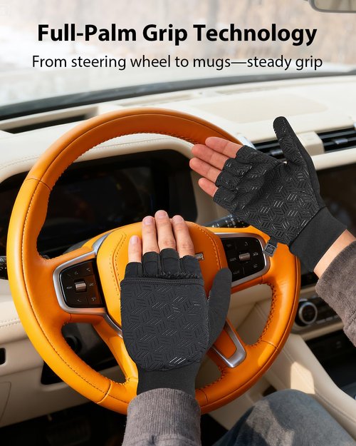 RIGWARL Winter Fingerless Gloves for Men Women, Convertible Mittens with Hand Warmer Pocket, Windproof Running Mittens for Texting Photographing(Black, XL)