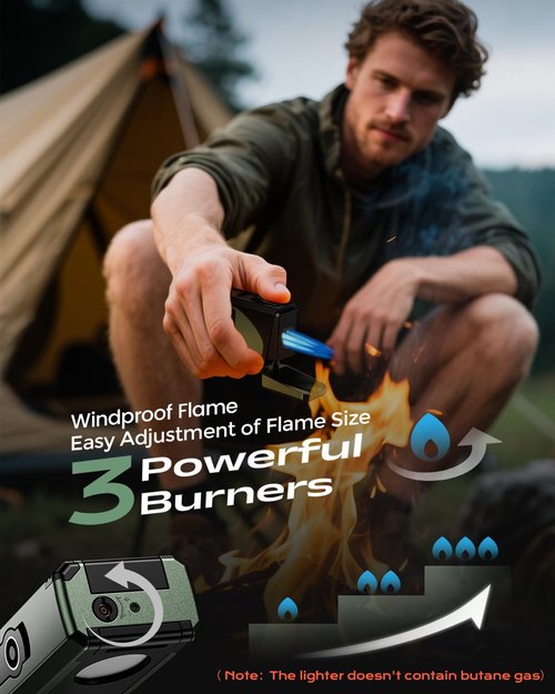 6-in-1 Triple Torch Lighter, with Holder, Punch, Straight & V Cutter, Draw Enhancer Tool, Included Gift Box for Men, Outdoor Multifunctional Accessories, Windproof Refillable Butane Lighter for Travel