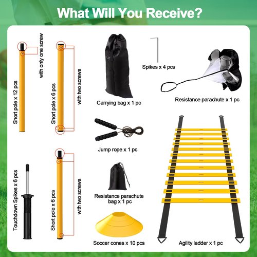 Supvision 24Pcs Soccer Agility Training Equipment Set Ultimate Agility Poles Cones Ladder More for Quick Assembly and Easy Portability Suitable for All Skill Levels Enhance Speed Agility Training