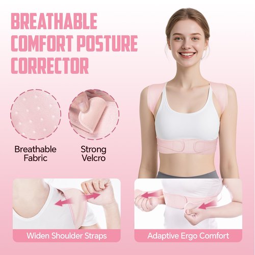 FHOCSLO Posture Corrector for Women, Adjustable Upper Back Brace to Relief Neck Shoulder Pain, Back Support Straightener for Scoliosis and Hunchback (Pink, L/XL)
