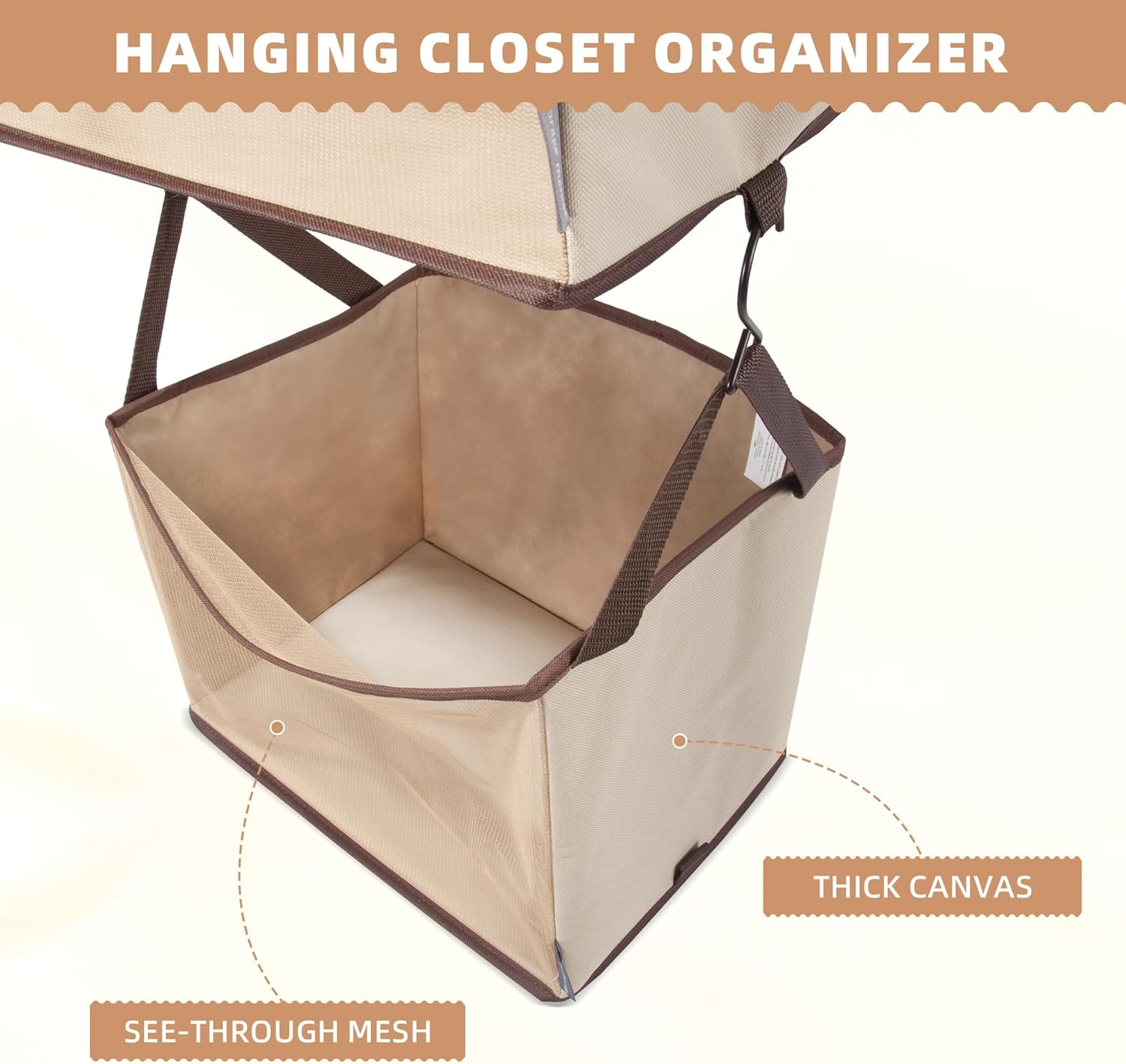 Storage Maniac 2-Shelf Hanging Closet Organizer - Beige Canvas Shelf with Hooks for Dorm & Bedroom