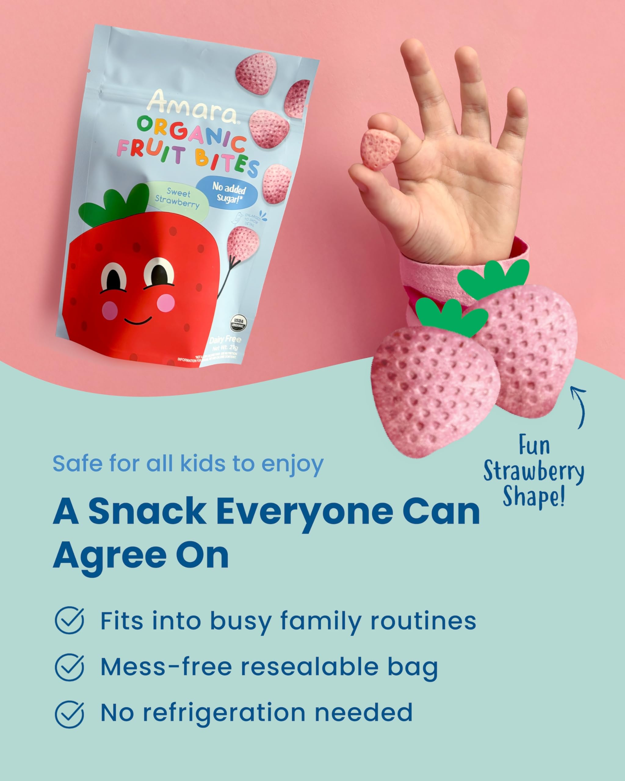Amara Organic Fruit Bites Sweet Strawberry - No Added Sugar, Dairy-Free, Nut-Free Healthy Fruit Snacks, Made with Organic Whole Foods, Allergy-Friendly Healthy Fruit Snacks for Kids - 21g 6PK