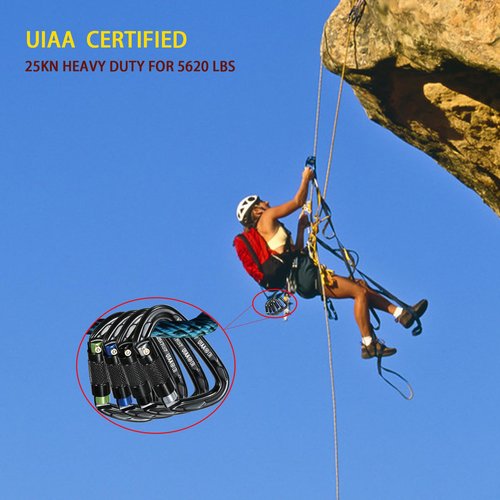 Lasehuh UIAA Certified 25KN Auto Locking Climbing Carabiner Clips, D Shaped, Twist Lock, and Heavy Duty Carabiners for Rock Climbing, Rappelling,3.93 Inch, Large Size. (Black Green-2PCS)