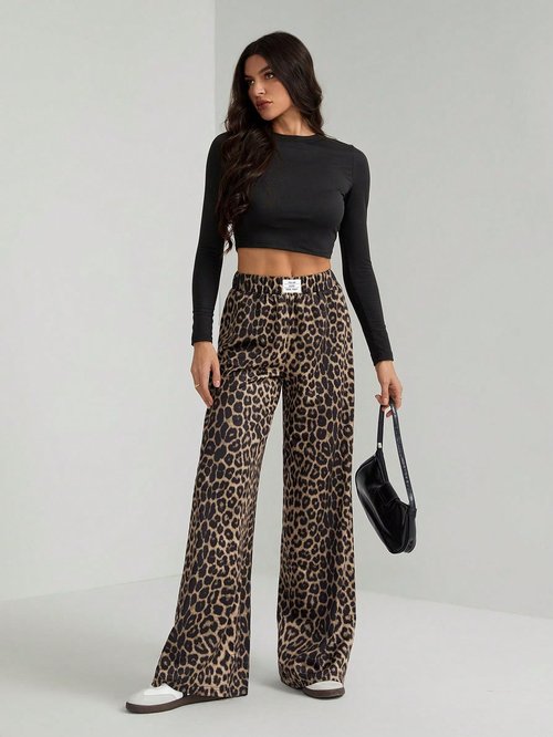 GORGLITTER Women's Leopard Pants Cheetah Print Wide Leg Elastic High Waisted Baggy Sweatpants Brown X-Large
