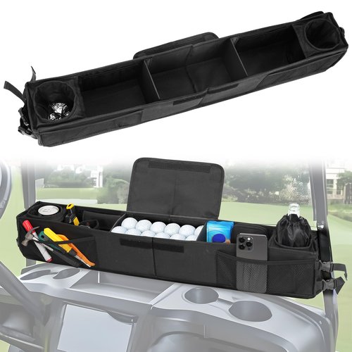 Adjustable Golf Cart Front Storage Basket with Insulated Cup Holders, No Drilling Golf Cart Organizer Bag Golf Cart Inner Storage Tray Universal Compatible with EZGO Club Car Drive Kandi Yamaha