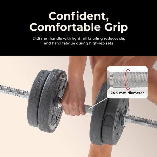 Sunny Health & Fitness 24" Standard Threaded Dumbbell Handle with Star-Lock Collars – Solid Steel, Fits 1" Plates, Knurled Grip, Chrome Finish - SF-SB01-24