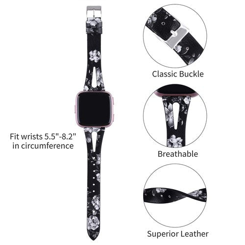 TOYOUTHS Leather Strap Compatible with Fitbit Versa 2/Versa Lite/Versa Bands Women Men Genuine Leather Wristbands with Breathable Hole Replacement for Versa 2 Special Edition, Black/Grey Floral