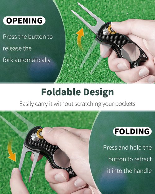 GreenHaven 4 Pack Foldable Golf Divot Repair Tool with Magnetic Ball Marker and Pop-up Button Green Tool Accessories with Metal Fork Tine and Metal Handle for Golfers，Blue&Black&red
