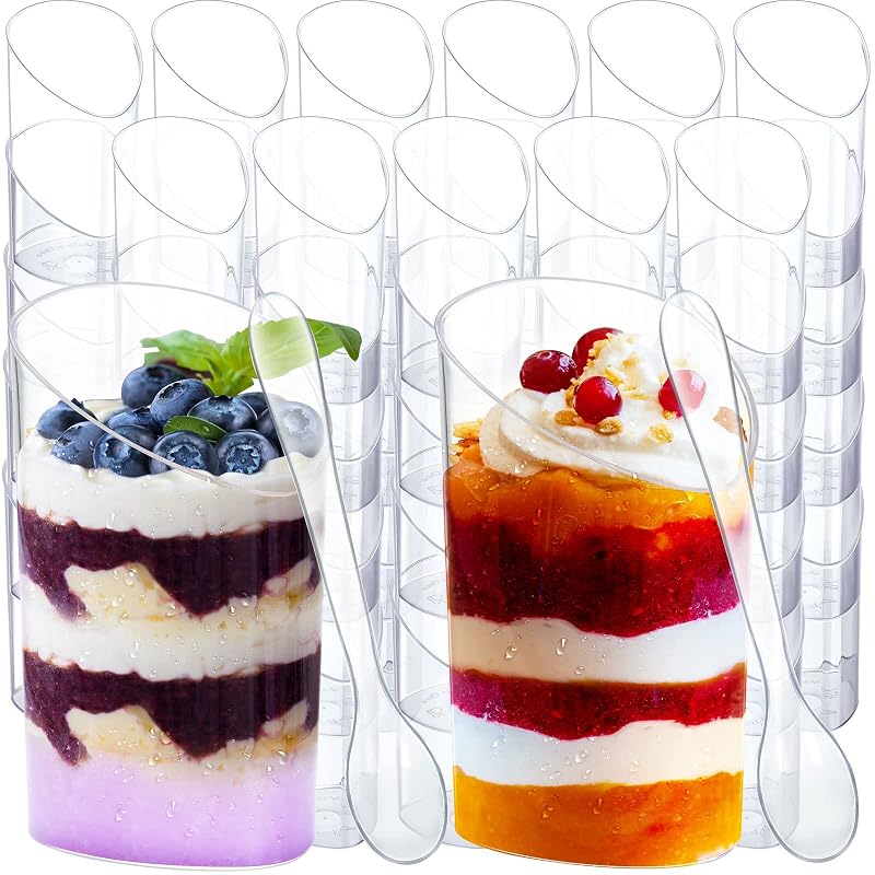 Chengu 100 Pack 3 oz Slanted Round Dessert Cups with Spoons - Clear