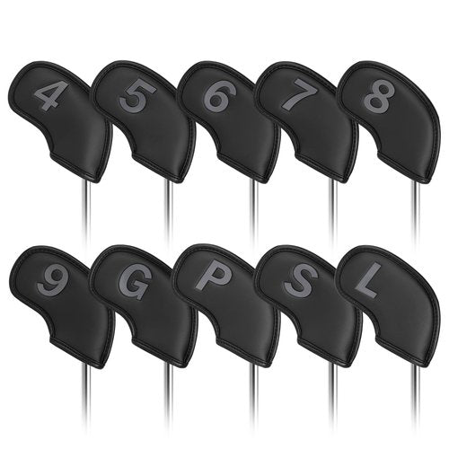 Craftsman Golf Black Leather Iron Headcover Covers Set 10pcs 4 5 6 7 8 9 P S L G with Embossed Gray No. on Both Sides Gift for Men and Women
